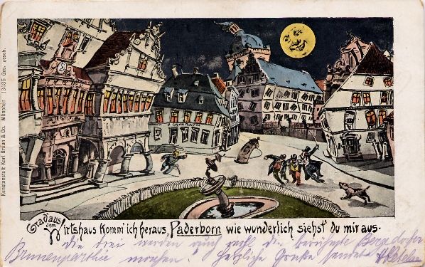Bild: „Blick auf Paderborn nach dem Besuch eines Wirtshauses…“, Postkarte um 1905 (Archiv: Kreismuseum Wewelsburg)
